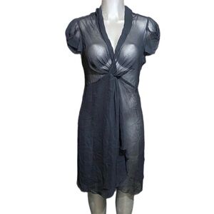 Nannette Lepore Sheer Black Midi Dress Puff Short Sleeves V Neck Sz 12 L Preppy